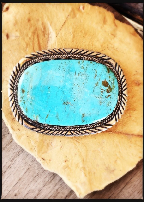 A turquoise stone is sitting on top of a leaf.