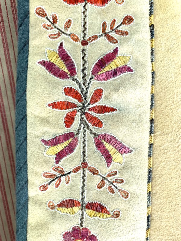 A close up of the embroidered design on a scarf.