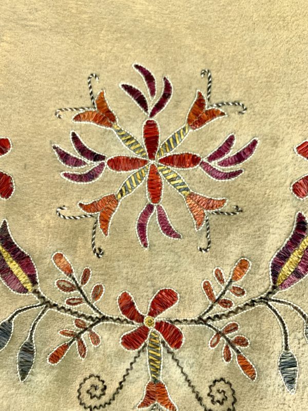 A close up of the fabric with flowers and leaves