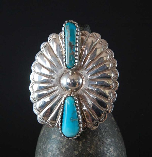 A silver ring with two turquoise stones on it.