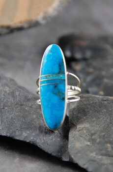 A turquoise ring is shown on top of some rocks.