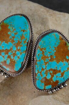 A pair of turquoise earrings sitting on top of a rock.
