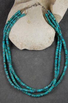 A necklace of turquoise beads is sitting on the rock.