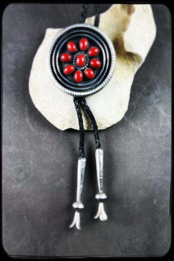 Red stone bolo tie with silver tips.