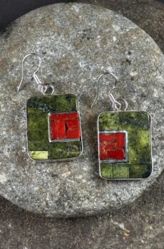 Serpentine & Red Coral Mosaic Earrings